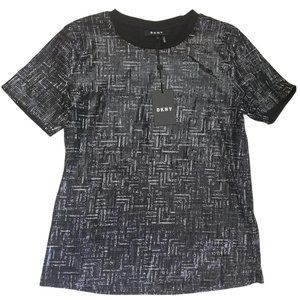 NWT DKNY WOMEN'S BLOUSE/T-SHIRT STRETCH SEQUIN CREW NECK SIZE S BLACK